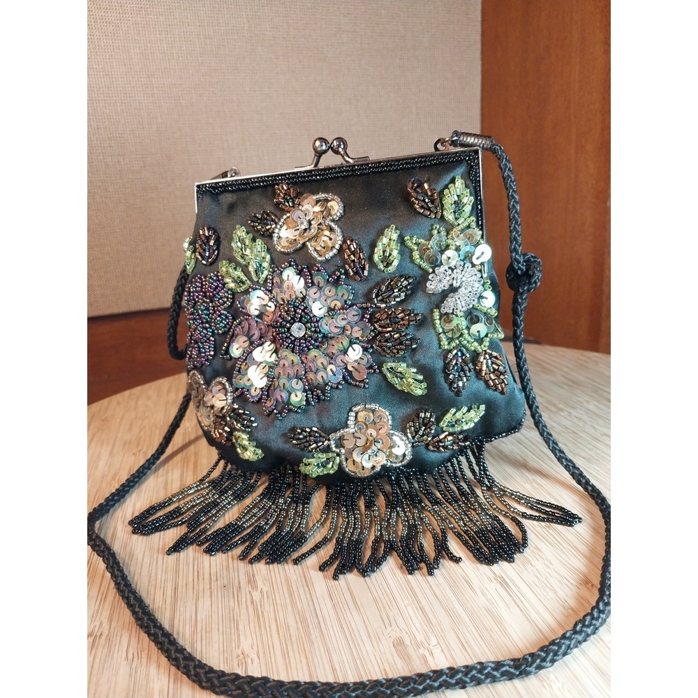 Lancome Black Multi Color Beaded Sequined Small 6" Snap Evening Bag Corded Strap - Picture 6 of 16